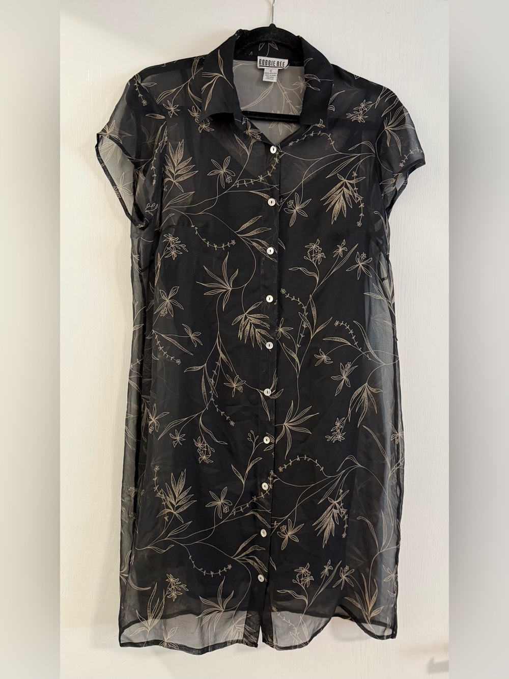 Robbie Bee Sheer Black Floral Button-Down midi Dress with cami liner size 12